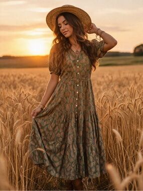 Brown Printed Button-Front Midi Dress